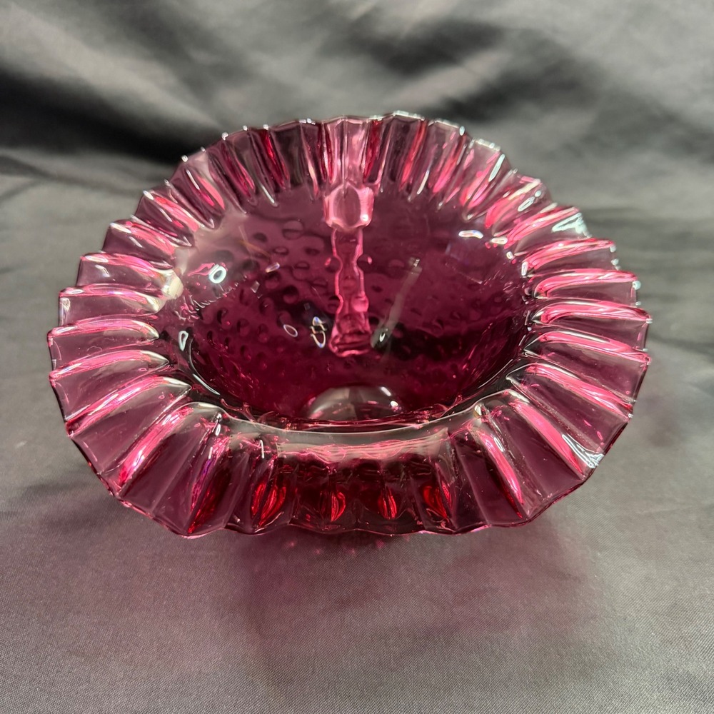 Vintage Fenton Cranberry Hobnail Glass Ruffled Nappy Dish Candy Bowl